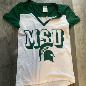 PINK Victoria's Secret Green and White Michigan State Mesh Tee